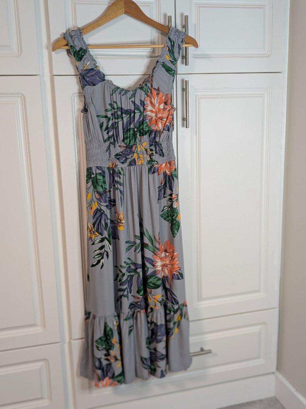 Patrons of Peace Gray Tropical Smocked Midi Maxi Dress M Boho Resort Beachy EUC - Picture 5 of 11